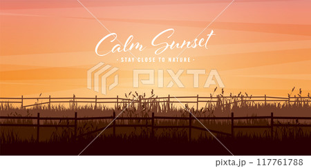 Meadow silhouettes with grass and old wooden fence. Countryside, panoramic summer lawn rural landscape with herbs, weeds. Agriculture and farming. Summer sunset in nature. Vector illustration 117761788