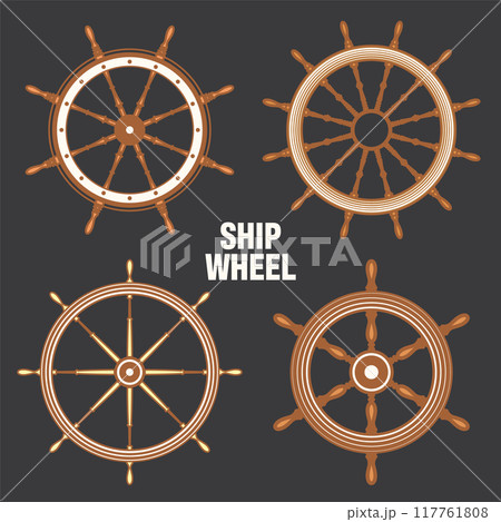 Wooden vintage steering wheels. Ship, sailboat or yacht retro wheel symbol. Brown nautical rudder icon. Marine logotype design element. Vector illustration 117761808