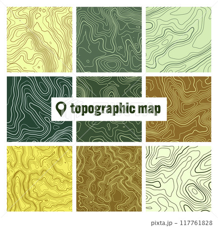 Colorful topographic map with contour lines. Geographic terrain grid, relief height elevation. Ground path pattern. Travel and navigation, cartography design element. Vector illustration Colorful topographic map with contour lines. Geographic terrain grid, relief height elevation. Ground path pattern. Travel and navigation, cartography design element. Vector illustration 117761828