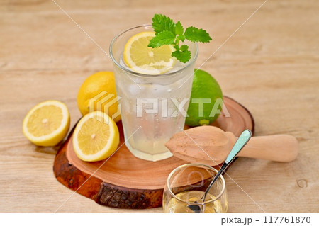 レモンスカッシュ、レモネード、レモン炭酸水、ドリンク。 117761870