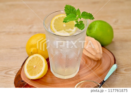 レモンスカッシュ、レモネード、レモン炭酸水、ドリンク。 レモンスカッシュ、レモネード、レモン炭酸水、ドリンク。 117761875