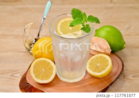 レモンスカッシュ、レモネード、レモン炭酸水、ドリンク。 117761877