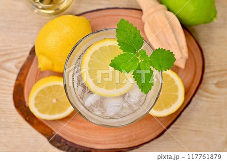 レモンスカッシュ、レモネード、レモン炭酸水、ドリンク。 レモンスカッシュ、レモネード、レモン炭酸水、ドリンク。 117761879