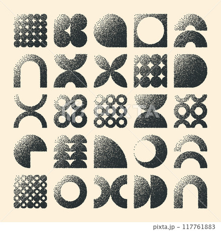 Brutalist geometric shapes, dotted objects. Stipple elements modern symbols. Simple primitive forms. Retro design, trendy contemporary minimalist style, y2k. Dot shading, drawing. Vector illustration 117761883