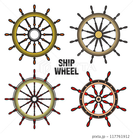 Wooden vintage steering wheels. Ship, sailboat or yacht retro wheel symbol. Colorful nautical rudder icon. Marine logotype design element. Vector illustration Wooden vintage steering wheels. Ship, sailboat or yacht retro wheel symbol. Colorful nautical rudder icon. Marine logotype design element. Vector illustration 117761912
