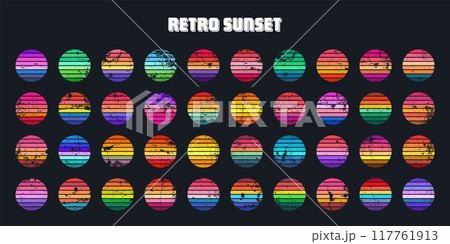 Grunge vintage sunset collection. Colorful striped sunrise badges in 80s and 90s style. Sun and ocean view, summer vibes, surfing. Design element for print, logo or t-shirt. Vector illustration Grunge vintage sunset collection. Colorful striped sunrise badges in 80s and 90s style. Sun and ocean view, summer vibes, surfing. Design element for print, logo or t-shirt. Vector illustration 117761913