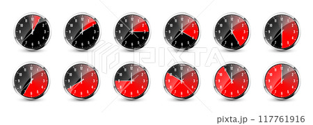 Wall clock, stopwatch icons. Shiny metal chronometer, time counter with dial. Red countdown timer showing minutes and seconds. Time measurement for sport, start and finish. Vector illustration Wall clock, stopwatch icons. Shiny metal chronometer, time counter with dial. Red countdown timer showing minutes and seconds. Time measurement for sport, start and finish. Vector illustration 117761916