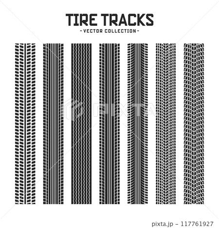 Tire tracks, wheel braking marks. Truck, car or motorcycle tread pattern silhouettes. Auto race, motorsport, speed racing design element. Vector illustration Tire tracks, wheel braking marks. Truck, car or motorcycle tread pattern silhouettes. Auto race, motorsport, speed racing design element. Vector illustration 117761927