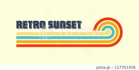 Horizontal vintage sunset. Various colorful striped sunrise badges in 80s and 90s style. Sun and ocean view, summer vibes, surfing. Design element, print, logo or t-shirt. Vector illustration 117761936