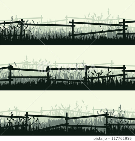 Meadow silhouettes with grass and old wooden fence. Countryside, panoramic summer lawn rural landscape with herbs, weeds. Herbal border, frame element. Green horizontal banners. Vector illustration Meadow silhouettes with grass and old wooden fence. Countryside, panoramic summer lawn rural landscape with herbs, weeds. Herbal border, frame element. Green horizontal banners. Vector illustration 117761959