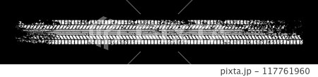 Grunge tire track, wheel braking marks. White truck, car or motorcycle tread pattern silhouette. Auto race, motorsport, speed racing design element. Vector illustration Grunge tire track, wheel braking marks. White truck, car or motorcycle tread pattern silhouette. Auto race, motorsport, speed racing design element. Vector illustration 117761960