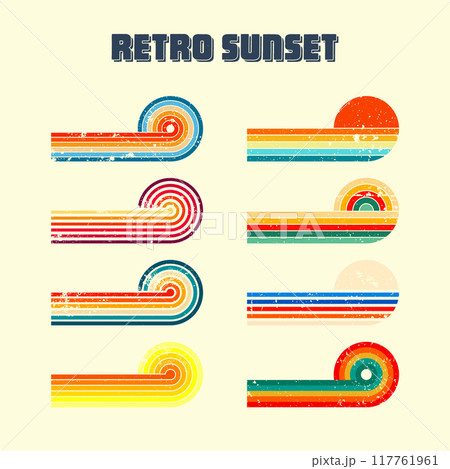 Grunge horizontal vintage sunsets. Various colorful striped sunrise badges in 80s and 90s style. Sun and ocean view, summer vibes, surfing. Design element, print, logo or t-shirt. Vector illustration Grunge horizontal vintage sunsets. Various colorful striped sunrise badges in 80s and 90s style. Sun and ocean view, summer vibes, surfing. Design element, print, logo or t-shirt. Vector illustration 117761961
