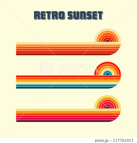 Horizontal vintage sunsets. Various colorful striped sunrise badges in 80s and 90s style. Sun and ocean view, summer vibes, surfing. Design element, print, logo or t-shirt. Vector illustration 117762021