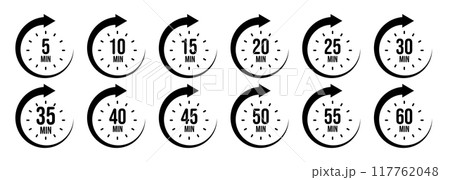 Stopwatch icons with pointer arrow. Chronometer, time counter with dial. Countdown time, hours and minutes. Deadline, sport measurement. Cooking time label, sticker. Vector illustration 117762048