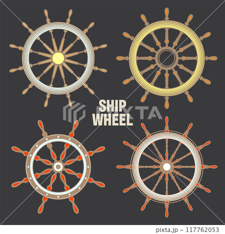 Wooden vintage steering wheels. Ship, sailboat or yacht retro wheel symbol. Colorful nautical rudder icon. Marine logotype design element. Vector illustration Wooden vintage steering wheels. Ship, sailboat or yacht retro wheel symbol. Colorful nautical rudder icon. Marine logotype design element. Vector illustration 117762053