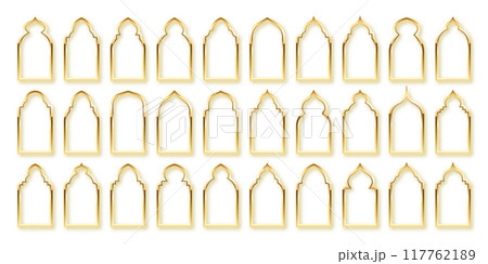 Islamic frames, oriental style. Golden arabic shapes, windows and arches. Traditional ornamental banner, frame. Muslim holidays, Ramadan Kareem. Modern eastern architecture. Vector illustration 117762189