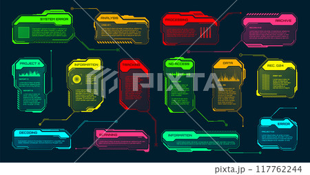 Futuristic HUD or UI elements. Sci-fi user interface text boxes, callouts. Colorful warning message frame, information boxes template. Modern game interface layout, digital style. Vector illustration 117762244