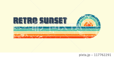 Grunge horizontal vintage sunset. Various colorful striped sunrise badges in 80s and 90s style. Sun and ocean view, summer vibes, surfing. Design element, print, logo or t-shirt. Vector illustration Grunge horizontal vintage sunset. Various colorful striped sunrise badges in 80s and 90s style. Sun and ocean view, summer vibes, surfing. Design element, print, logo or t-shirt. Vector illustration 117762291