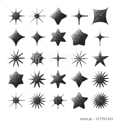 Brutalist geometric shapes, dotted objects. Stipple elements modern symbols. Simple primitive forms. Retro design, trendy contemporary minimalist style, y2k. Dot shading, drawing. Vector illustration 117762391