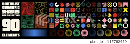 Brutalist geometric shapes, modern symbols. Groovy checkered pattern, distorted tiled grid. Simple elements, forms. Retro design, trendy contemporary minimalist style, y2k. Vector illustration 117762459