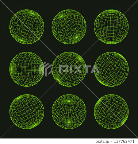 Wireframe shapes, lined sphere. Perspective mesh, 3d grid. Low poly geometric elements. Retro futuristic design elements, y2k, vaporwave and synthwave style. Vector illustration 117762471