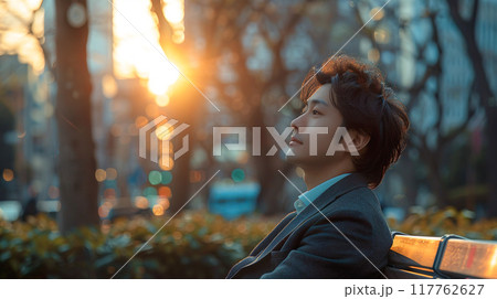 夕方の都会の公園のベンチで休憩をするスーツ姿の若い男性 117762627