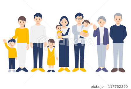 笑顔の子育て世帯･三世代家族の全身セット【人物ベクターイラスト素材】 117762890