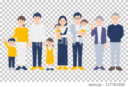 微笑育兒家庭/三代家庭全身套裝【人物向量圖素材】 117762890