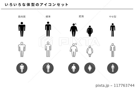 いろいろな体型のシンプルアイコンセット素材、ベクター いろいろな体型のシンプルアイコンセット素材、ベクター 117763744