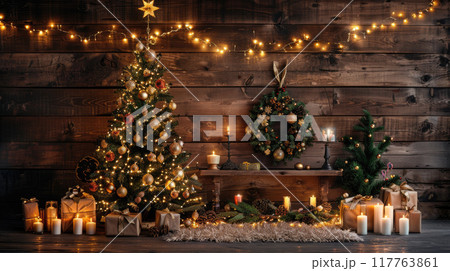 Christmas decor on a wooden wall background. Decorated Christmas tree with twinkling lights and bright toys. 117763861