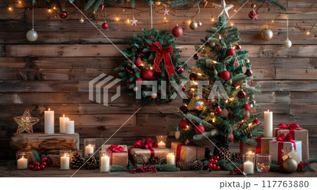 Christmas decor on a wooden wall background. Decorated Christmas tree with twinkling lights and bright toys. Christmas decor on a wooden wall background. Decorated Christmas tree with twinkling lights and bright toys. 117763880