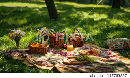 Scene of a summer picnic in a park on a green lawn. A large blanket spread on the grass with a variety of snacks 117763887