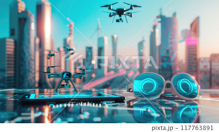 An innovative workspace using future technologies: tablet with a holographic display, an unmanned drone, and VR glasses An innovative workspace using future technologies: tablet with a holographic display, an unmanned drone, and VR glasses 117763891