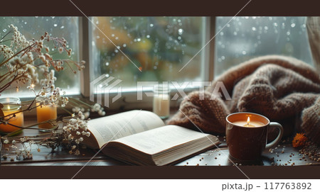 Close-up of a cozy home corner with a cup of hot tea or coffee on a wooden table. Close-up of a cozy home corner with a cup of hot tea or coffee on a wooden table. 117763892