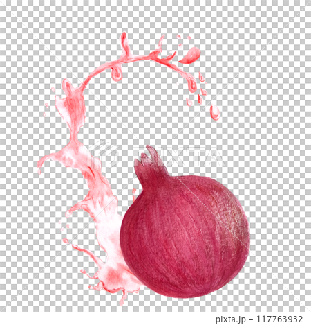 Ripe pomegranate splashing in a pink juice, rich textured, vibrant illustration isolated on white. The hand-painted watercolor perfect for culinary designs, juice packages, kitchen decor, prints 117763932