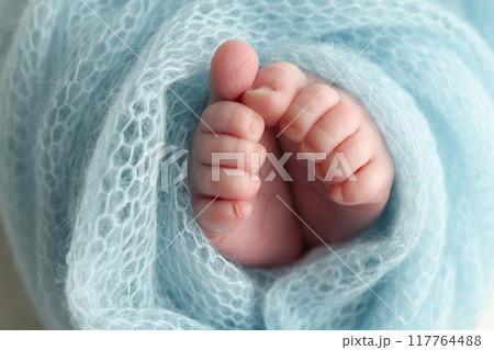 Close-up of tiny, cute, bare toes, heels and feet of a newborn girl, boy. Baby foot on blue soft coverlet, blanket. Detail of a newborn baby legs. Macro horizontal professional studio photo.  117764488