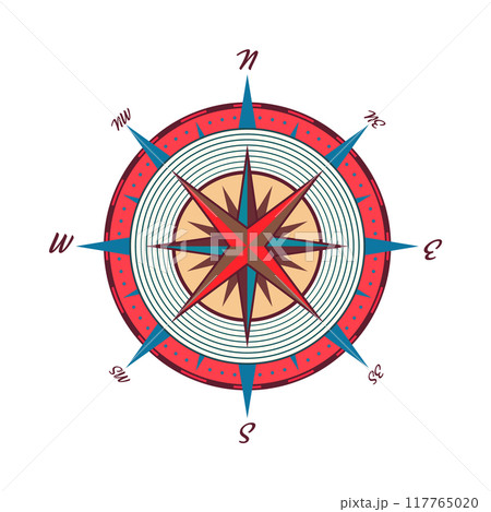 Vintage marine wind rose, nautical chart. Colorful navigational compass with cardinal directions of North, East, South, West. Geographical position, cartography and navigation. Vector illustration Vintage marine wind rose, nautical chart. Colorful navigational compass with cardinal directions of North, East, South, West. Geographical position, cartography and navigation. Vector illustration 117765020