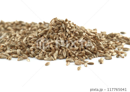 Pile of rye grains isolated on a white background Pile of rye grains isolated on a white background 117765041