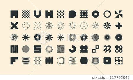 Brutalist geometric shapes, modern symbols. Simple primitive elements and forms. Retro design, trendy contemporary minimalist style, y2k. Vector illustration Brutalist geometric shapes, modern symbols. Simple primitive elements and forms. Retro design, trendy contemporary minimalist style, y2k. Vector illustration 117765045