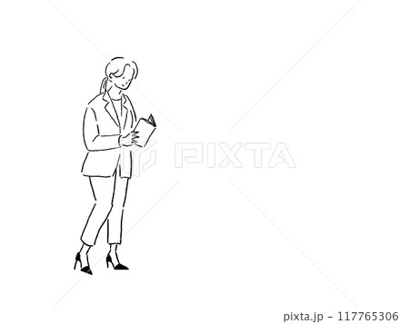 本を読むスーツを着た女性、線画 117765306