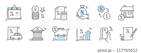 Loan interest rate doodle icon set. Hand drawn sketch doodle line style bank money loan interest rate icon for house, car discount percentage concept. Trendy cute element. Vector 117765652