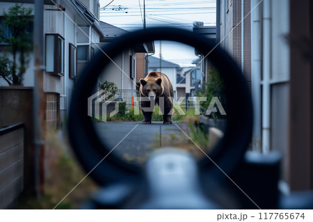 住宅街を歩くヒグマにライフルスコープの照準があっている。ライフル銃で熊を狙う猟師のイメージ。	 住宅街を歩くヒグマにライフルスコープの照準があっている。ライフル銃で熊を狙う猟師のイメージ。	 117765674