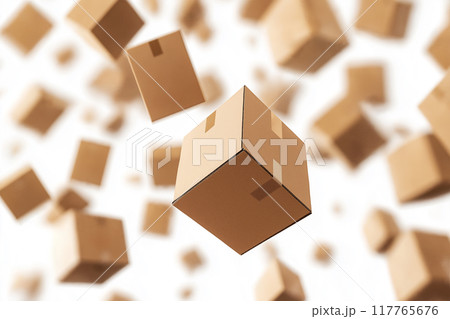 たくさんの閉じた段ボール箱が中に浮かんでいる。白い背景。	 117765676