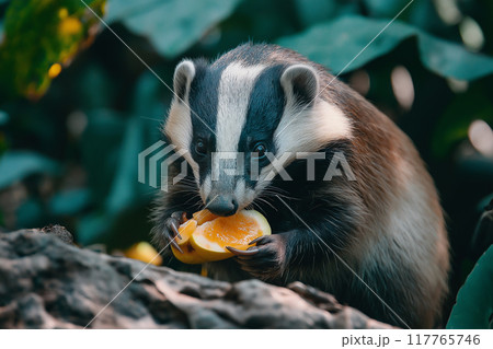 果物を食べるアナグマ。果樹園の食害イメージ。 果物を食べるアナグマ。果樹園の食害イメージ。 117765746