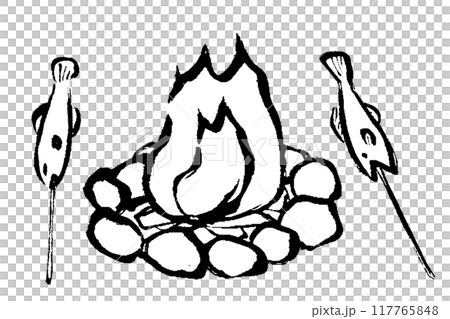 筆タッチの焚火と魚のモノクロ線画イラスト 117765848