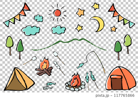 A set of camping illustrations with brush strokes 117765866