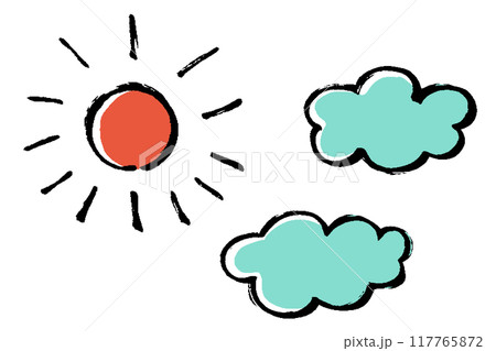 筆タッチの太陽と雲のイラストセット 筆タッチの太陽と雲のイラストセット 117765872