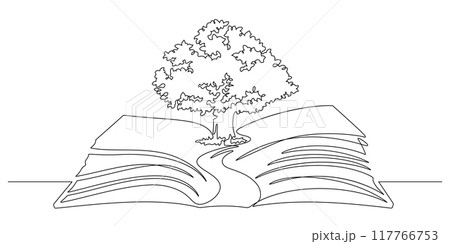 big tree and opening book continuous line drawing 117766753