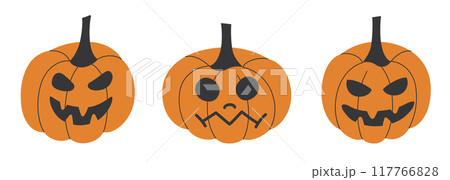 Vector illustration set of three cartoon Jack-o-lanterns with different spooky faces. Halloween collection of flat designs in orange and black, jack o lantern pumpkins for autumn decorations  117766828