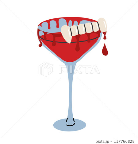 Vampire kiss cocktail, Halloween drink vector illustration, spooky beverage for horror party, garnish with Dracula fangs in blood, wine glass with creepy fantasy decoration 117766829